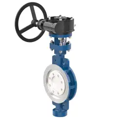 Wafer type butterfly valve with tripple eccentricity with stainless-steel + molybdenum body and carbon steel disk and PTFE seat, DN400, PN25. PA900 series reducer