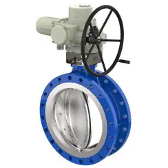 Wafer type butterfly valve with double eccentricity with steel body and carbon steel disk and EPDM seat, DN400, PN25. PA700 series electric actuator
