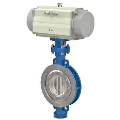 Wafer type butterfly valve with tripple eccentricity with stainless-steel + molybdenum body and carbon steel disk and PTFE seat, DN400, PN25. PA900 series pneumatic actuator