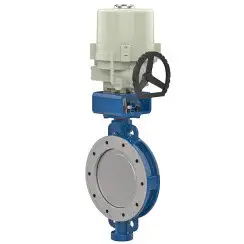 Wafer type butterfly valve with double eccentricity with stainless-steel body and stainless steel with molybdenum disk and PTFE seat, DN50, PN10. PA400 series electric actuator