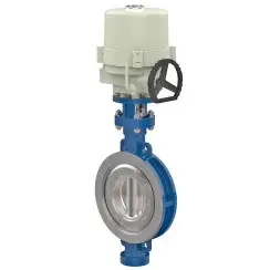 Wafer type butterfly valve with tripple eccentricity with stainless-steel + molybdenum body and carbon steel disk and PTFE seat, DN400, PN25. PA900 series electric actuator